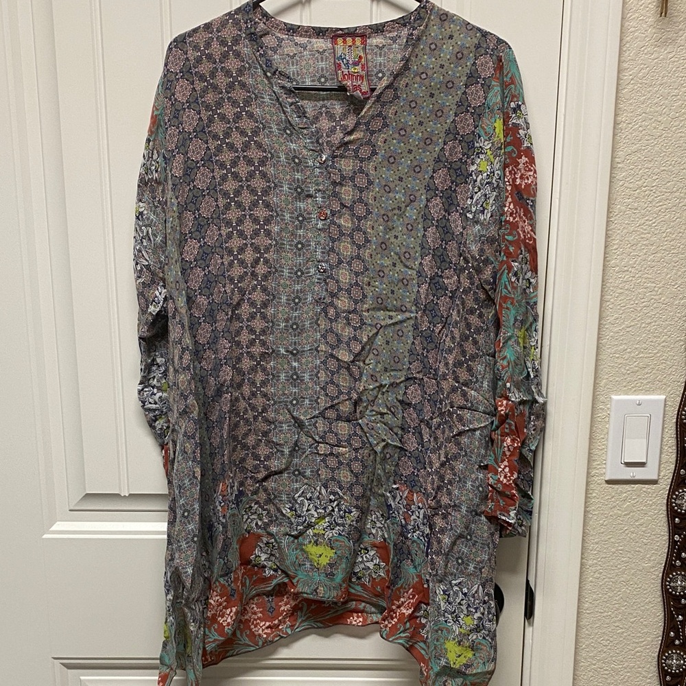 Johnny Was Mixed Floral Patchwork Tunic - Rust, Teal & Olive